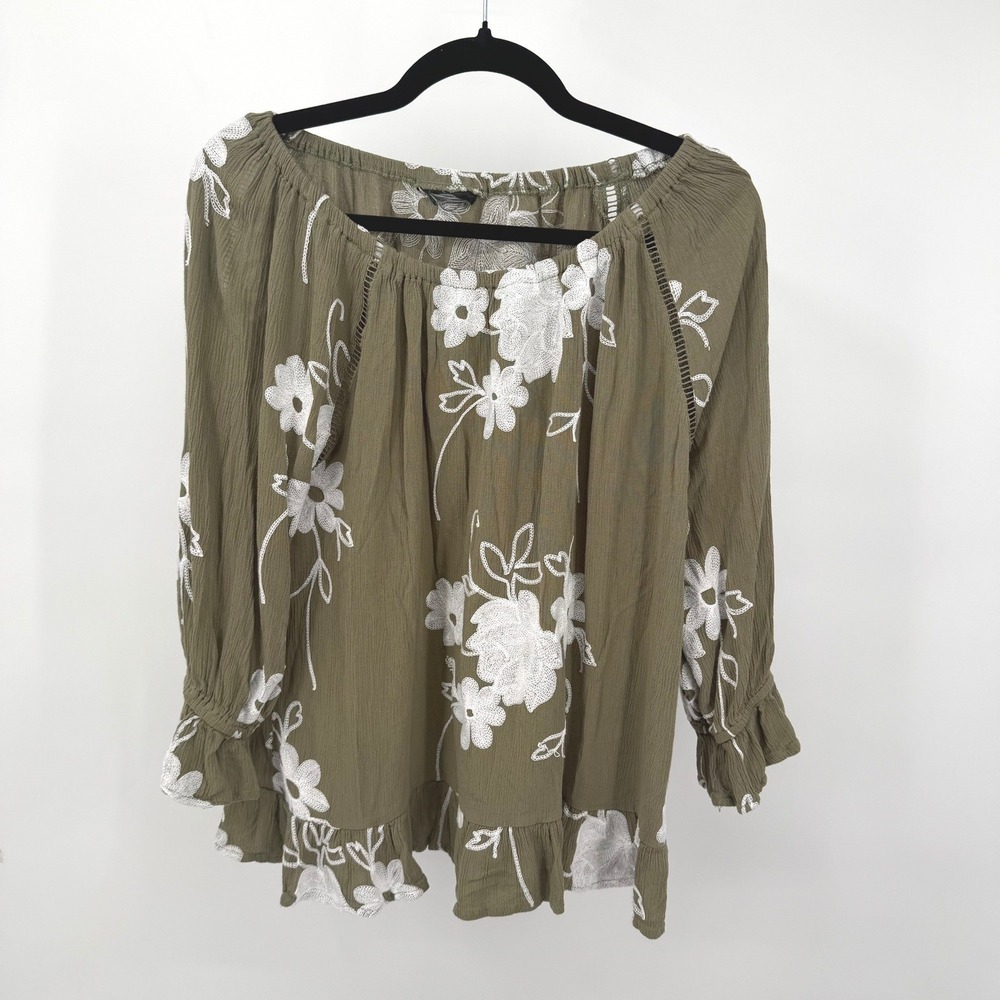 Unbranded Womens XL Blouse Olive Green Off Shoulder Boho Embroidered Floral